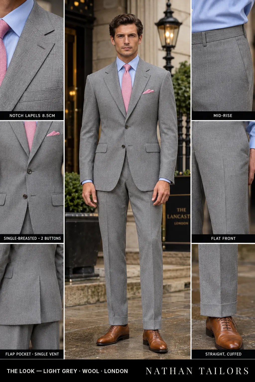 light grey single-breasted notch-lapel bespoke suit โ AI-rendered by Nathan Tailors, the Hoi An custom tailor. Available as a custom tailored suit from $149.