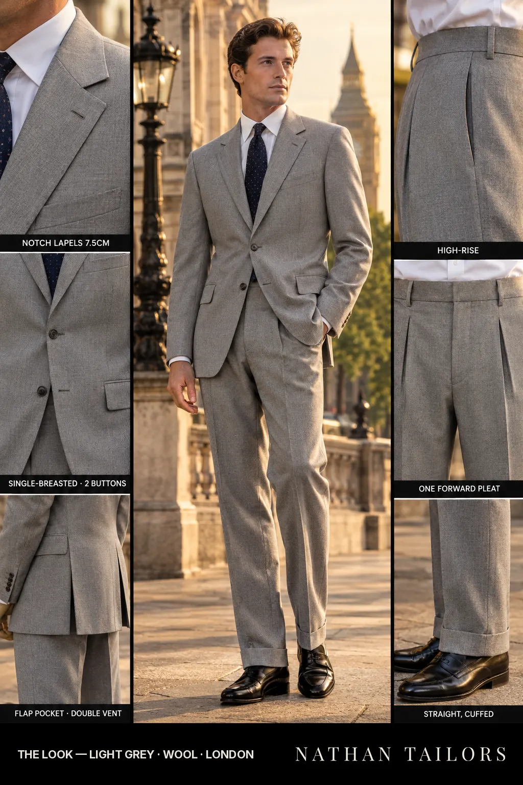 light grey single-breasted notch-lapel bespoke suit — AI-rendered by Nathan Tailors, the Hoi An custom tailor. Available as a custom tailored suit from $149.