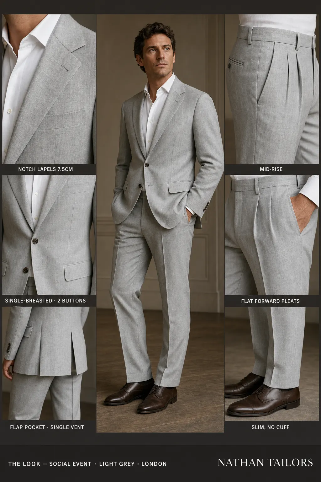 light grey single-breasted notch-lapel bespoke suit โ AI-rendered by Nathan Tailors, the Hoi An custom tailor. Available as a custom tailored suit from $149.