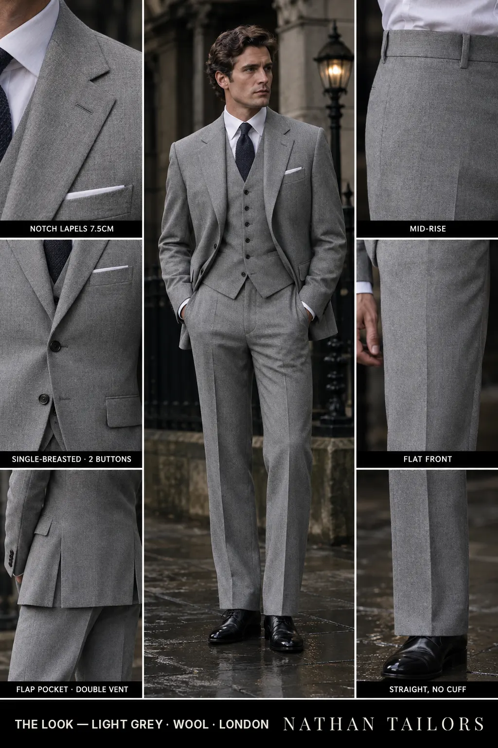 light grey single-breasted notch-lapel bespoke suit — AI-rendered by Nathan Tailors, the Hoi An custom tailor. Available as a custom tailored suit from $149.