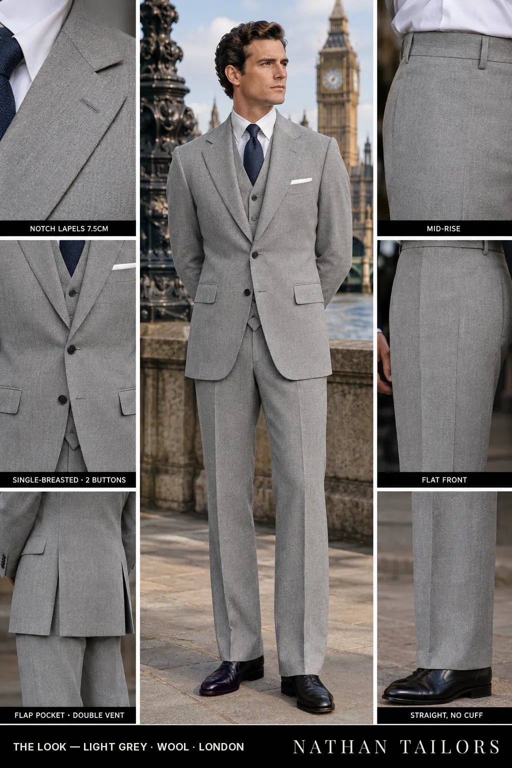 light grey single-breasted bespoke suit โ custom tailored by Nathan Tailors, the Hoi An custom tailor
