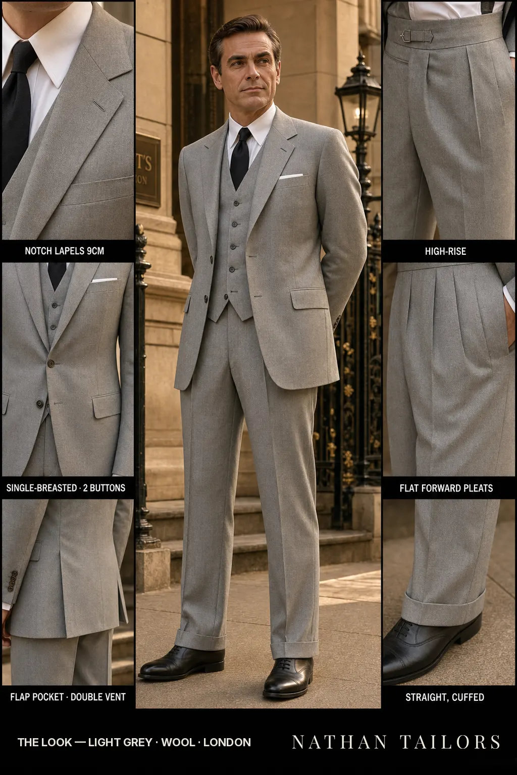 light grey single-breasted notch-lapel bespoke suit โ AI-rendered by Nathan Tailors, the Hoi An custom tailor. Available as a custom tailored suit from $149.