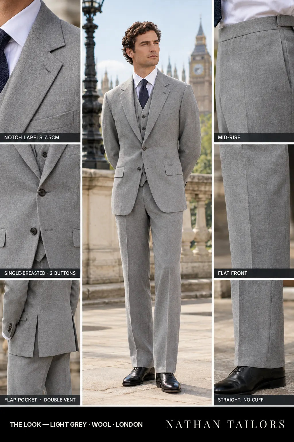 light grey single-breasted bespoke suit โ custom tailored by Nathan Tailors, the Hoi An custom tailor