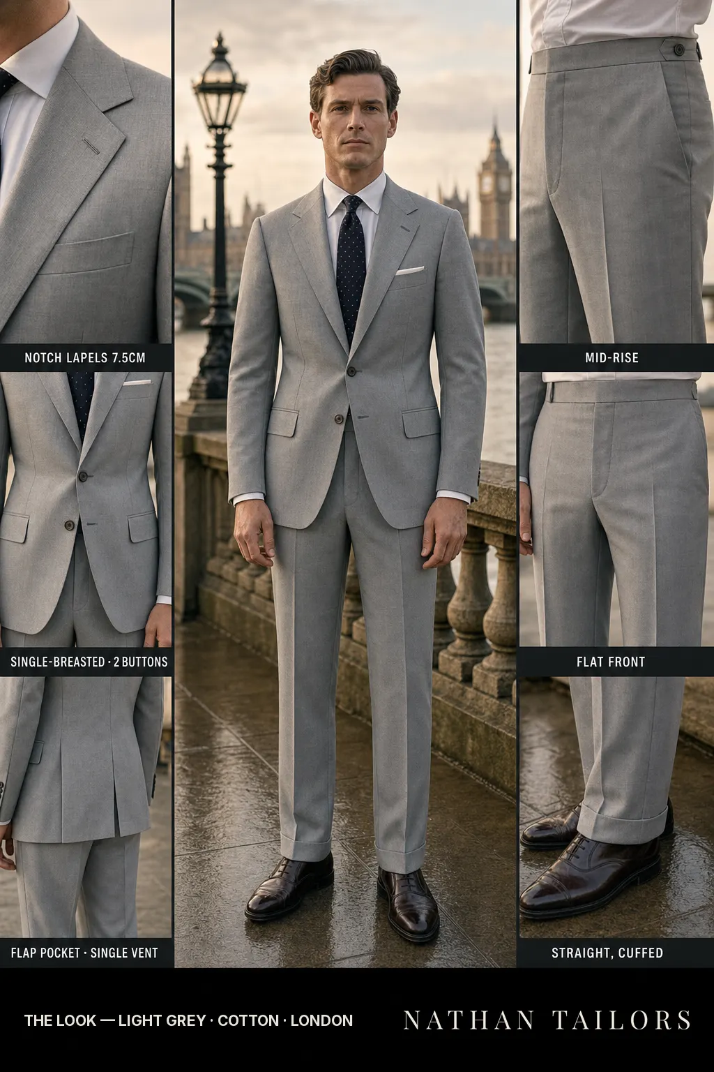 light grey single-breasted notch-lapel bespoke suit — AI-rendered by Nathan Tailors, the Hoi An custom tailor. Available as a custom tailored suit from $149.