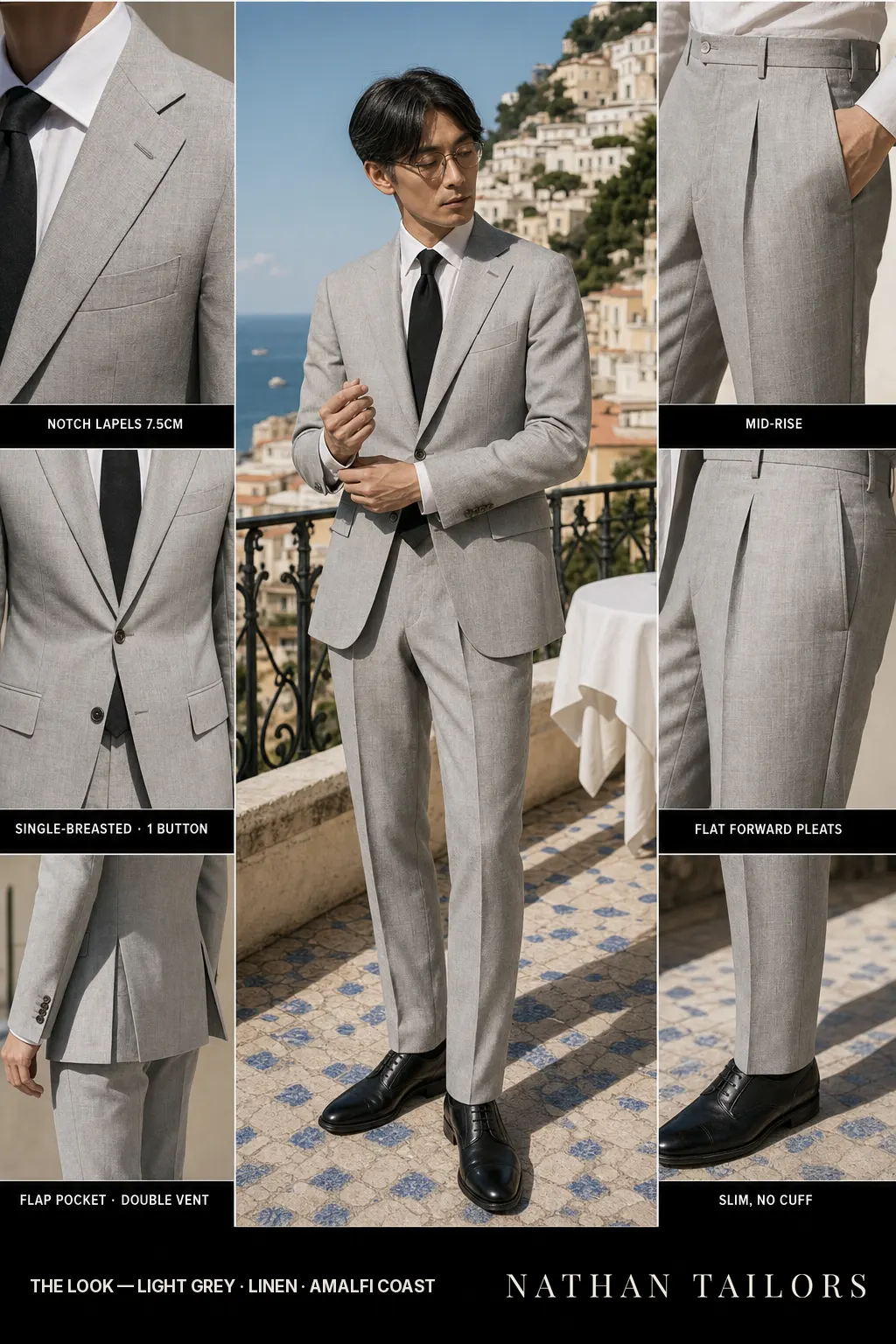 light grey single-breasted notch-lapel bespoke suit โ AI-rendered by Nathan Tailors, the Hoi An custom tailor. Available as a custom tailored suit from $149.