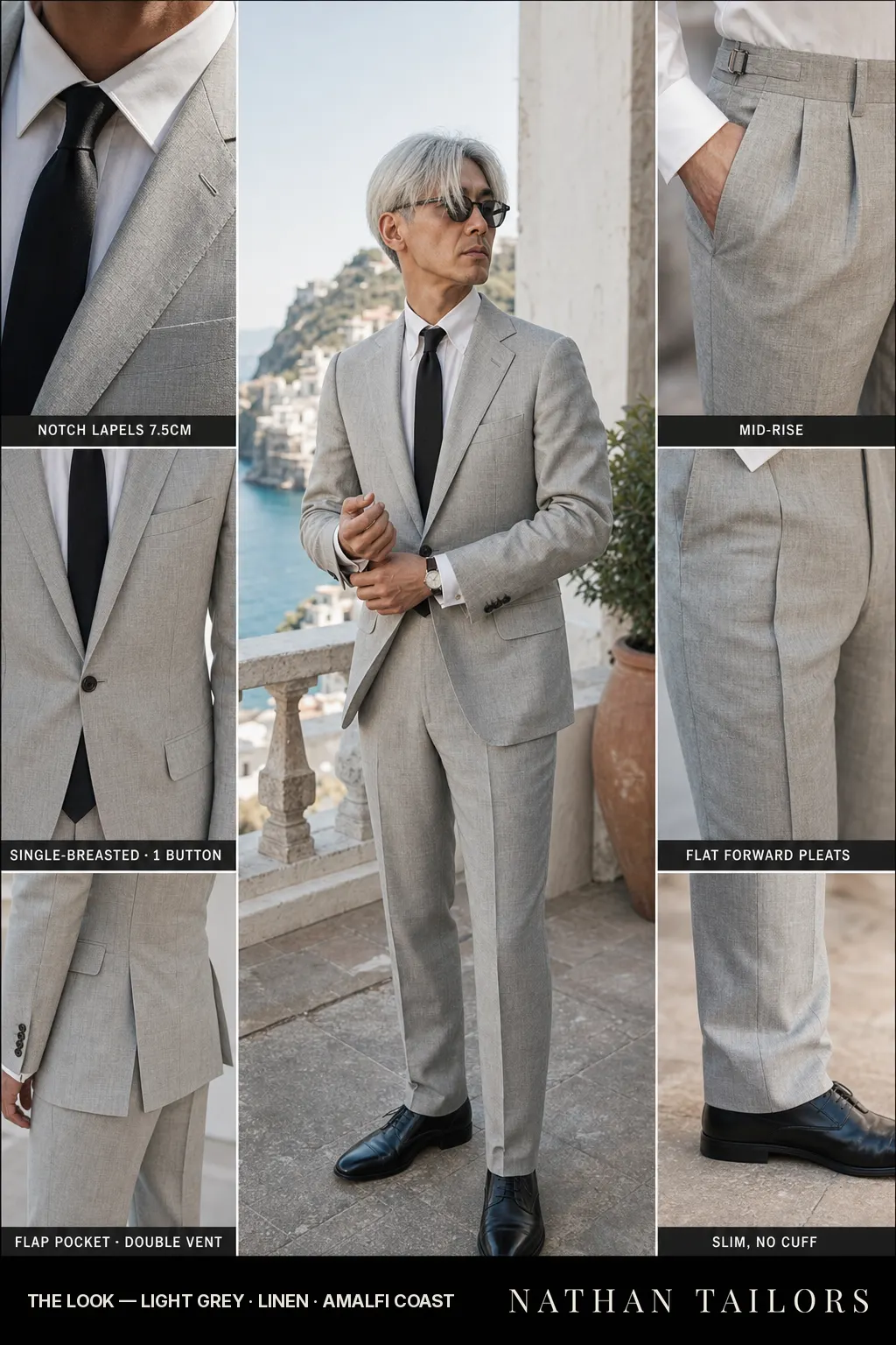 light grey single-breasted notch-lapel bespoke suit โ AI-rendered by Nathan Tailors, the Hoi An custom tailor. Available as a custom tailored suit from $149.