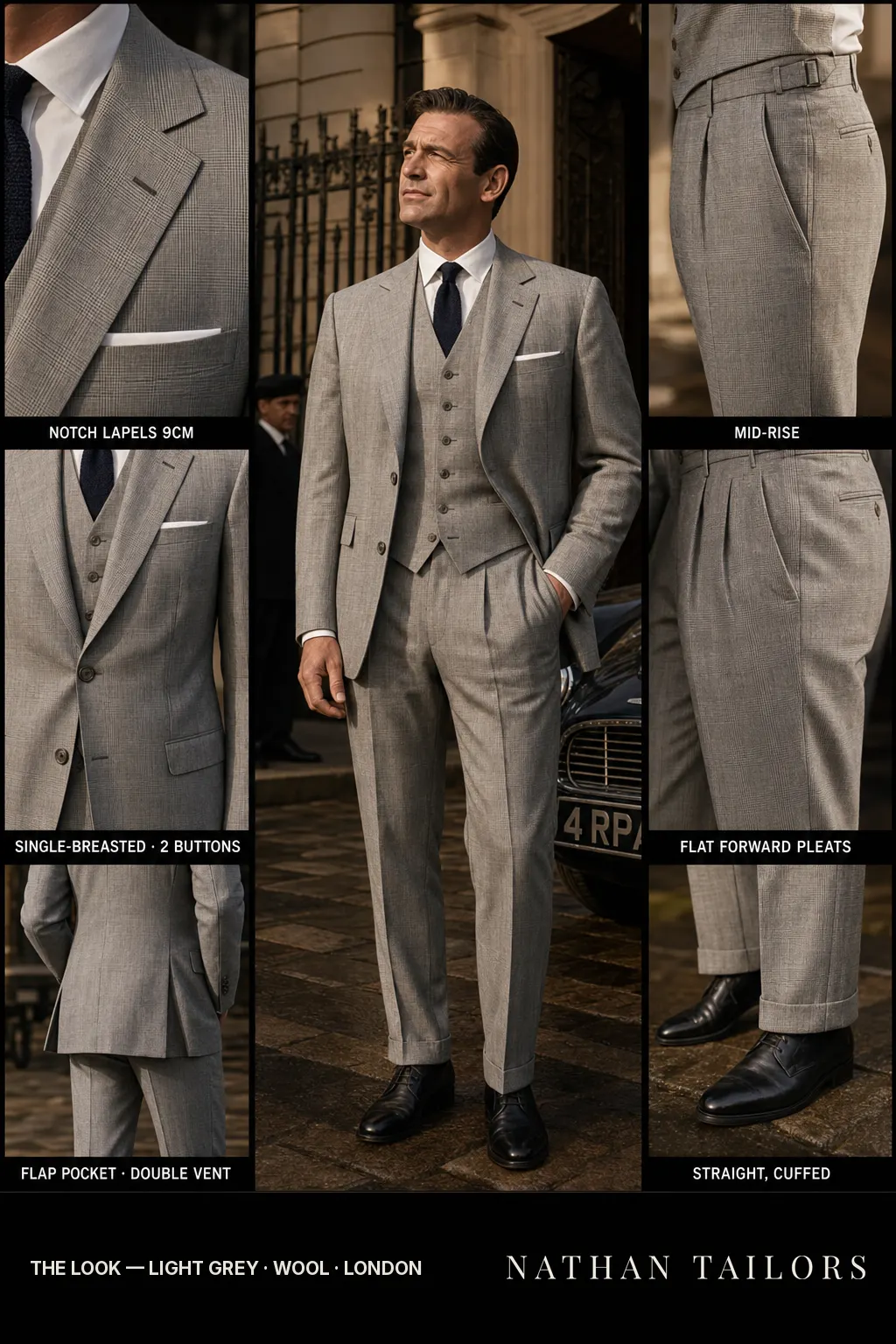 light grey single-breasted notch-lapel bespoke suit — AI-rendered by Nathan Tailors, the Hoi An custom tailor. Available as a custom tailored suit from $149.