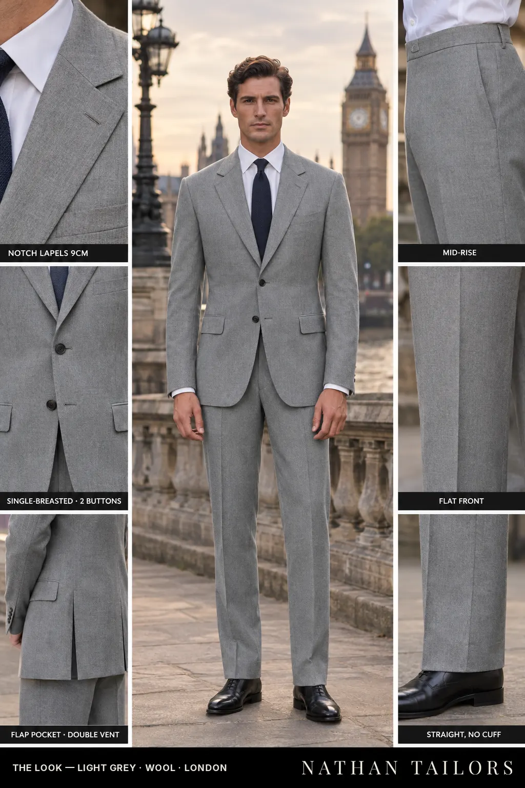 light grey single-breasted bespoke suit โ custom tailored by Nathan Tailors, the Hoi An custom tailor
