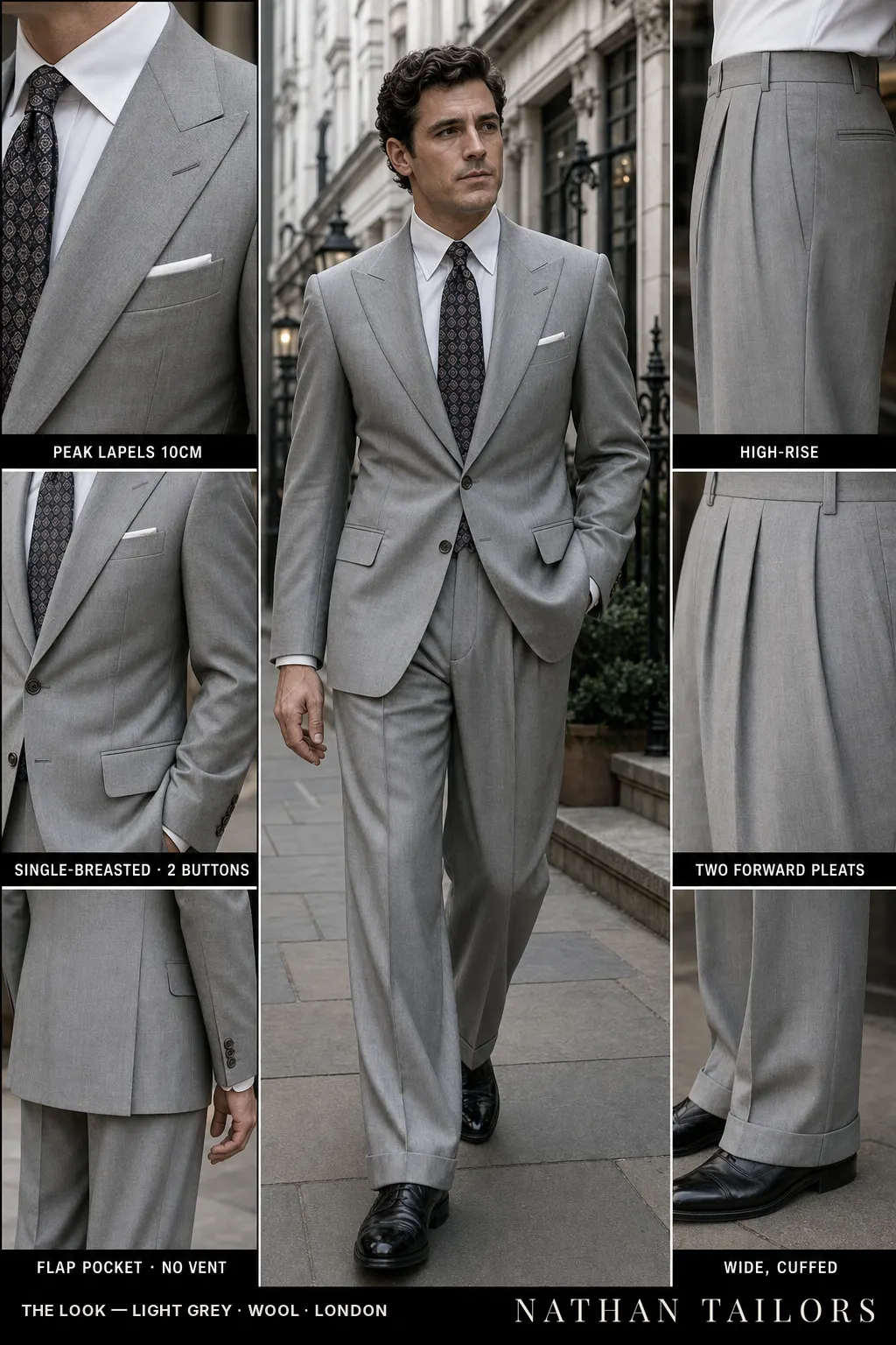 light grey single-breasted peak-lapel bespoke suit — AI-rendered by Nathan Tailors, the Hoi An custom tailor. Available as a custom tailored suit from $149.