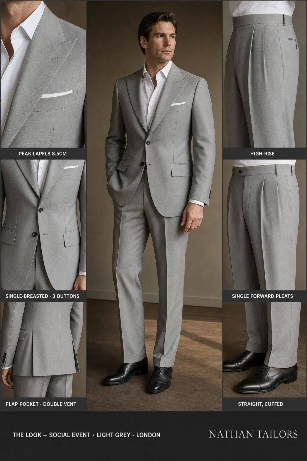 light grey single-breasted peak-lapel bespoke suit โ AI-rendered by Nathan Tailors, the Hoi An custom tailor. Available as a custom tailored suit from $149.