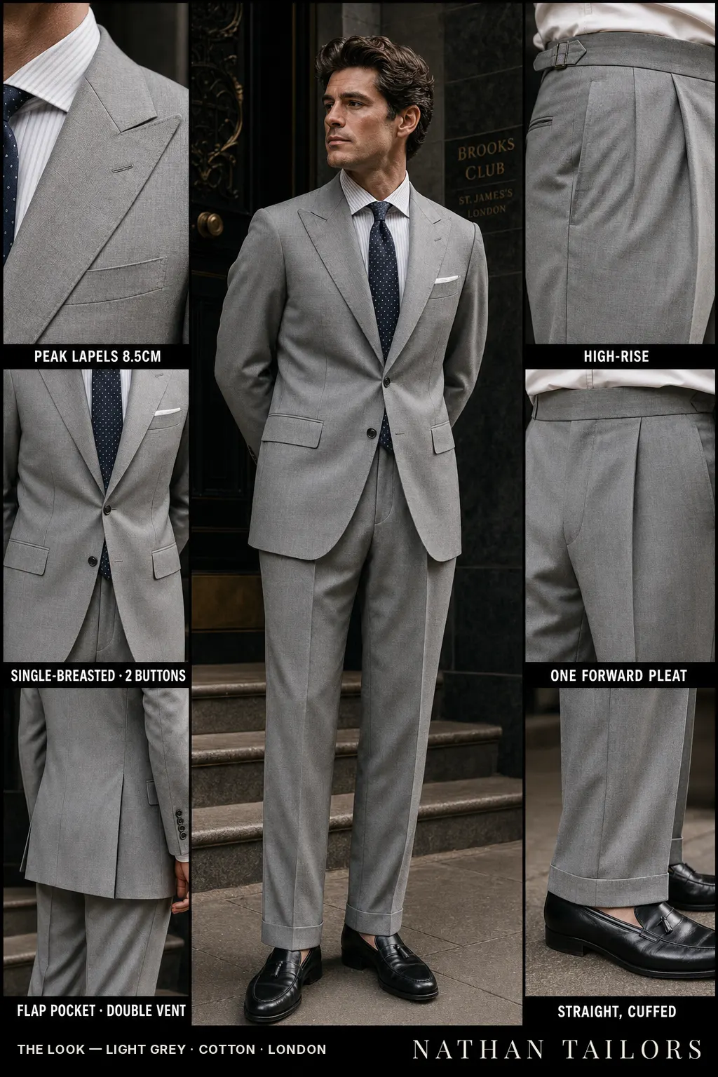 light grey single-breasted peak-lapel bespoke suit — AI-rendered by Nathan Tailors, the Hoi An custom tailor. Available as a custom tailored suit from $149.