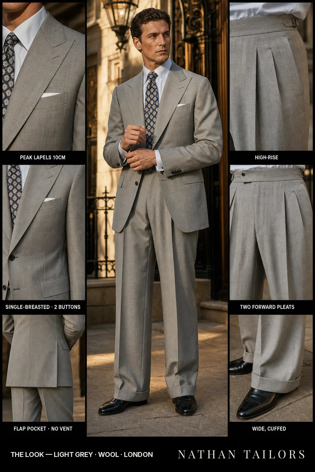 light grey single-breasted peak-lapel bespoke suit — AI-rendered by Nathan Tailors, the Hoi An custom tailor. Available as a custom tailored suit from $149.