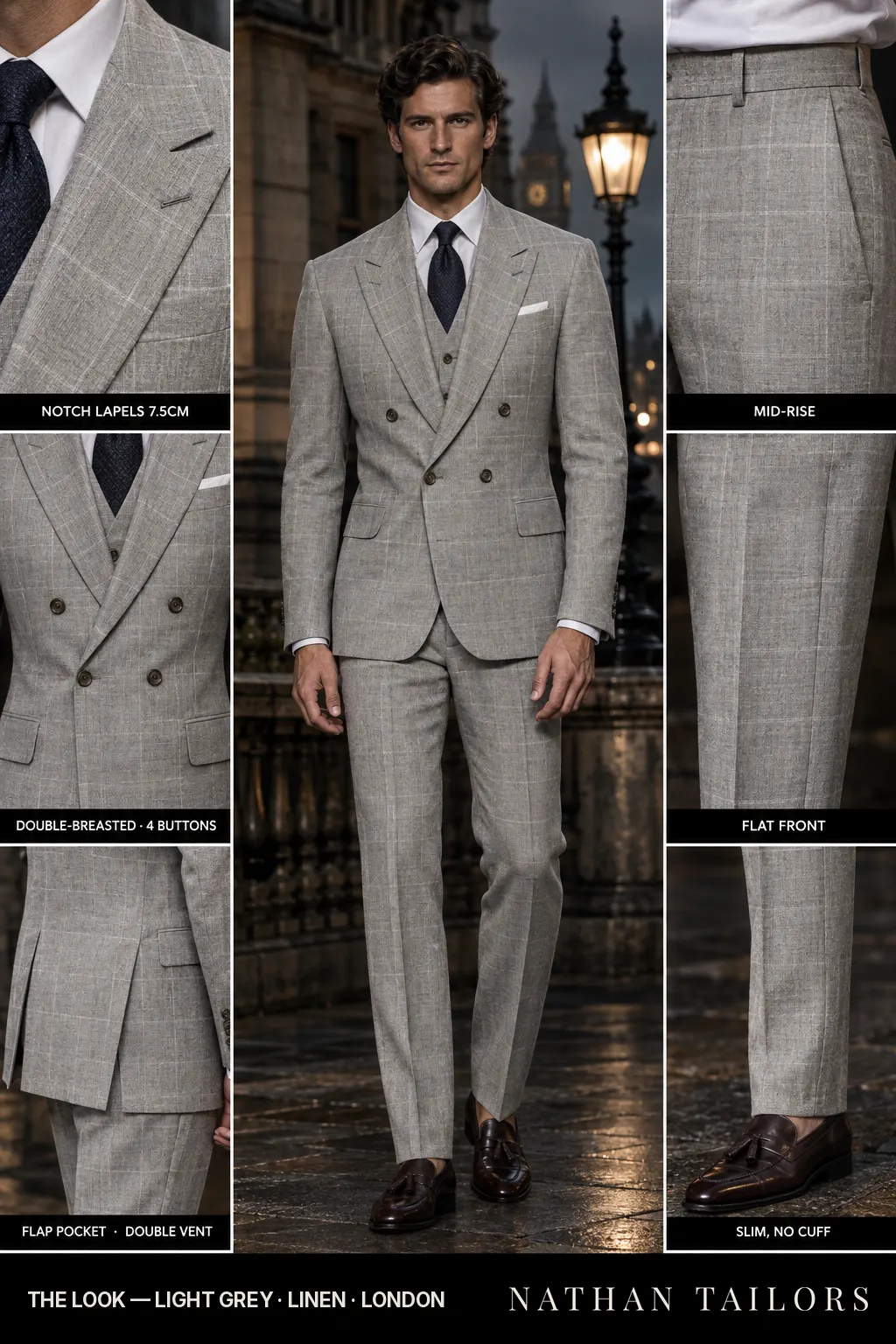 light grey windowpane double-breasted bespoke suit — custom tailored by Nathan Tailors, the Hoi An custom tailor