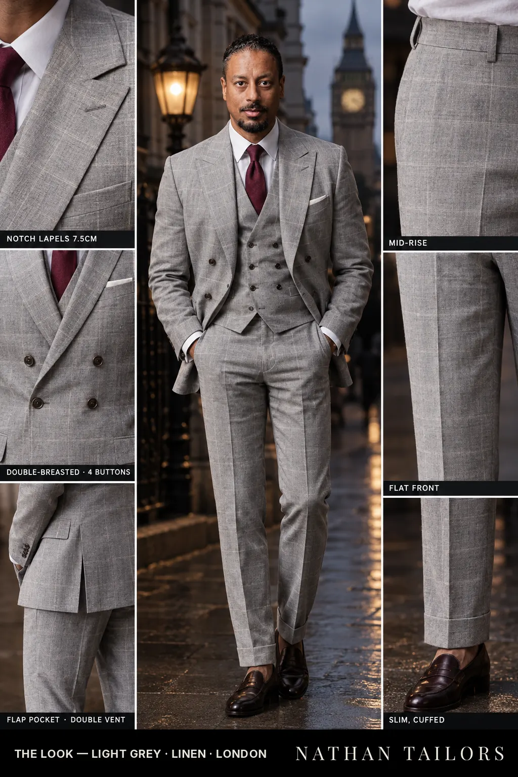 light grey windowpane double-breasted notch-lapel bespoke suit — AI-rendered by Nathan Tailors, the Hoi An custom tailor. Available as a custom tailored suit from $149.