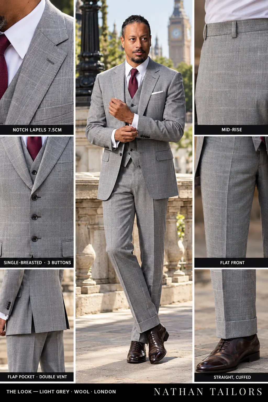 light grey windowpane single-breasted notch-lapel bespoke suit โ AI-rendered by Nathan Tailors, the Hoi An custom tailor. Available as a custom tailored suit from $149.
