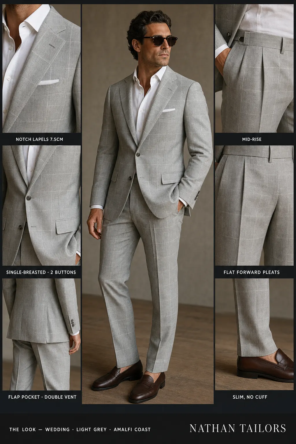 light grey windowpane single-breasted notch-lapel bespoke suit โ AI-rendered by Nathan Tailors, the Hoi An custom tailor. Available as a custom tailored suit from $149.