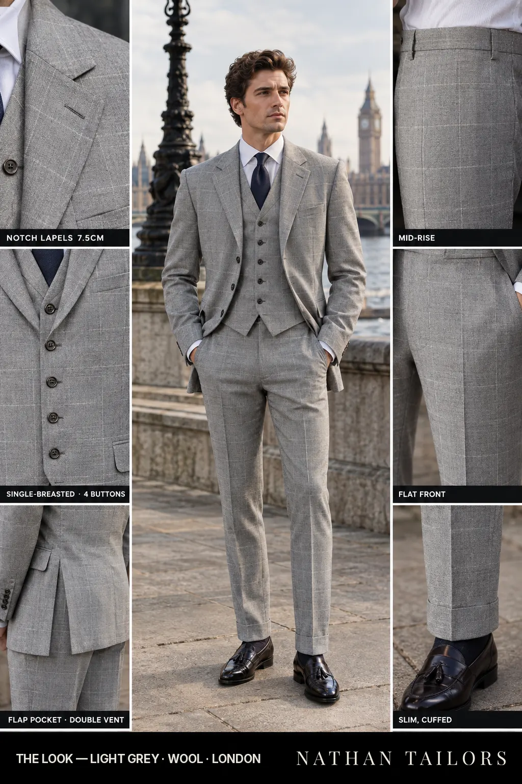 light grey windowpane single-breasted notch-lapel bespoke suit — AI-rendered by Nathan Tailors, the Hoi An custom tailor. Available as a custom tailored suit from $149.