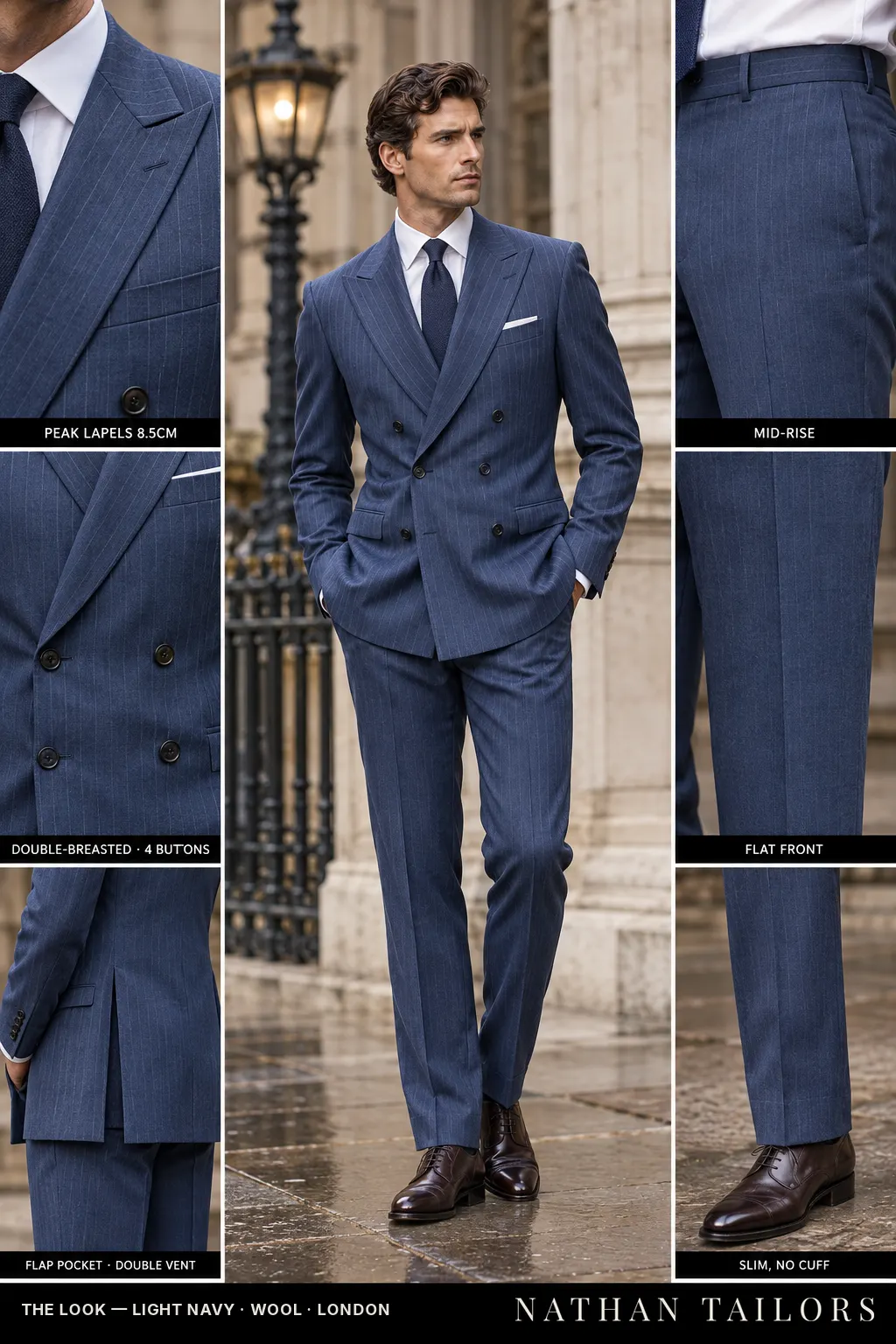 light navy pinstripe double-breasted bespoke suit — custom tailored by Nathan Tailors, the Hoi An custom tailor