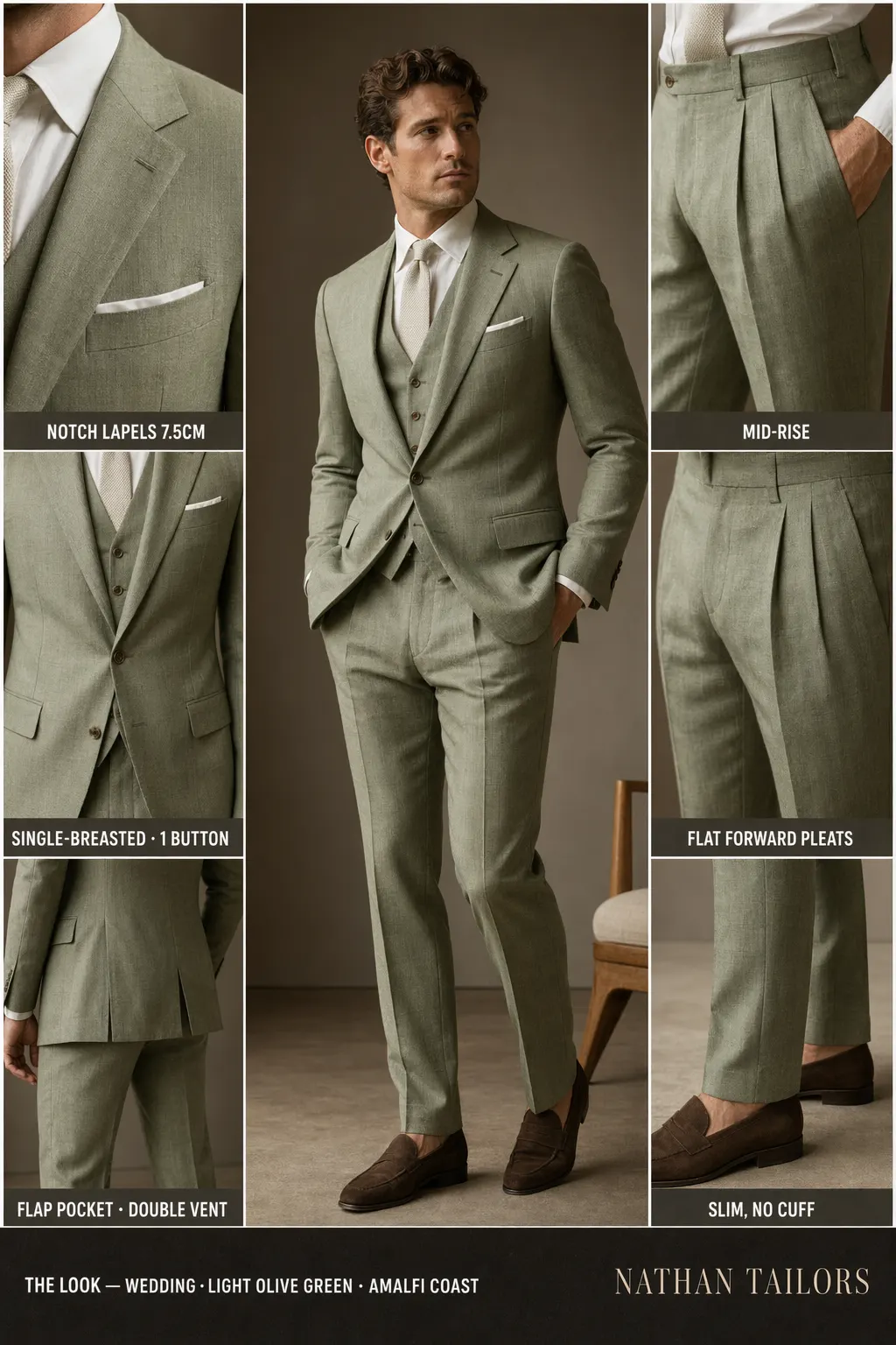 light olive green single-breasted notch-lapel bespoke suit โ AI-rendered by Nathan Tailors, the Hoi An custom tailor. Available as a custom tailored suit from $169.