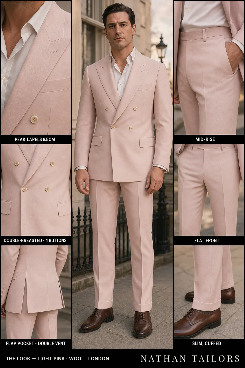 light pink double-breasted peak-lapel bespoke suit — AI-rendered by Nathan Tailors, the Hoi An custom tailor. Available as a custom tailored suit from $149.