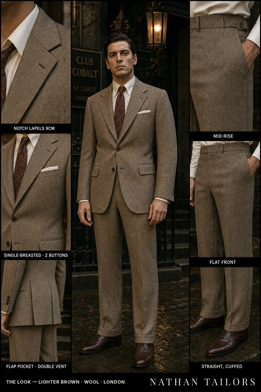 lighter brown herringbone single-breasted notch-lapel bespoke suit — AI-rendered by Nathan Tailors, the Hoi An custom tailor. Available as a custom tailored suit from $149.