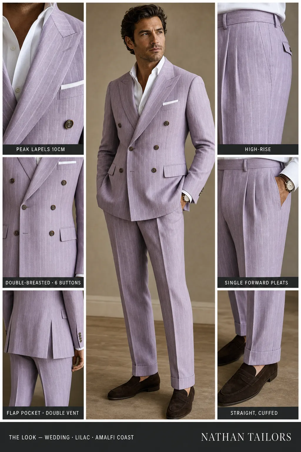 lilac pinstripe double-breasted peak-lapel bespoke suit — AI-rendered by Nathan Tailors, the Hoi An custom tailor. Available as a custom tailored suit from $149.