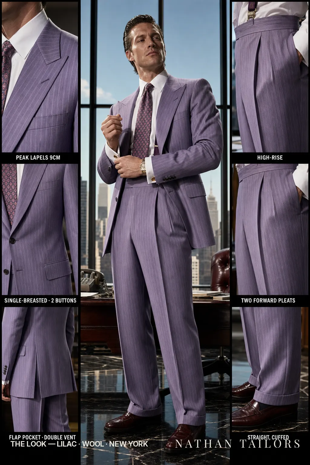 lilac pinstripe single-breasted peak-lapel bespoke suit — AI-rendered by Nathan Tailors, the Hoi An custom tailor. Available as a custom tailored suit from $149.
