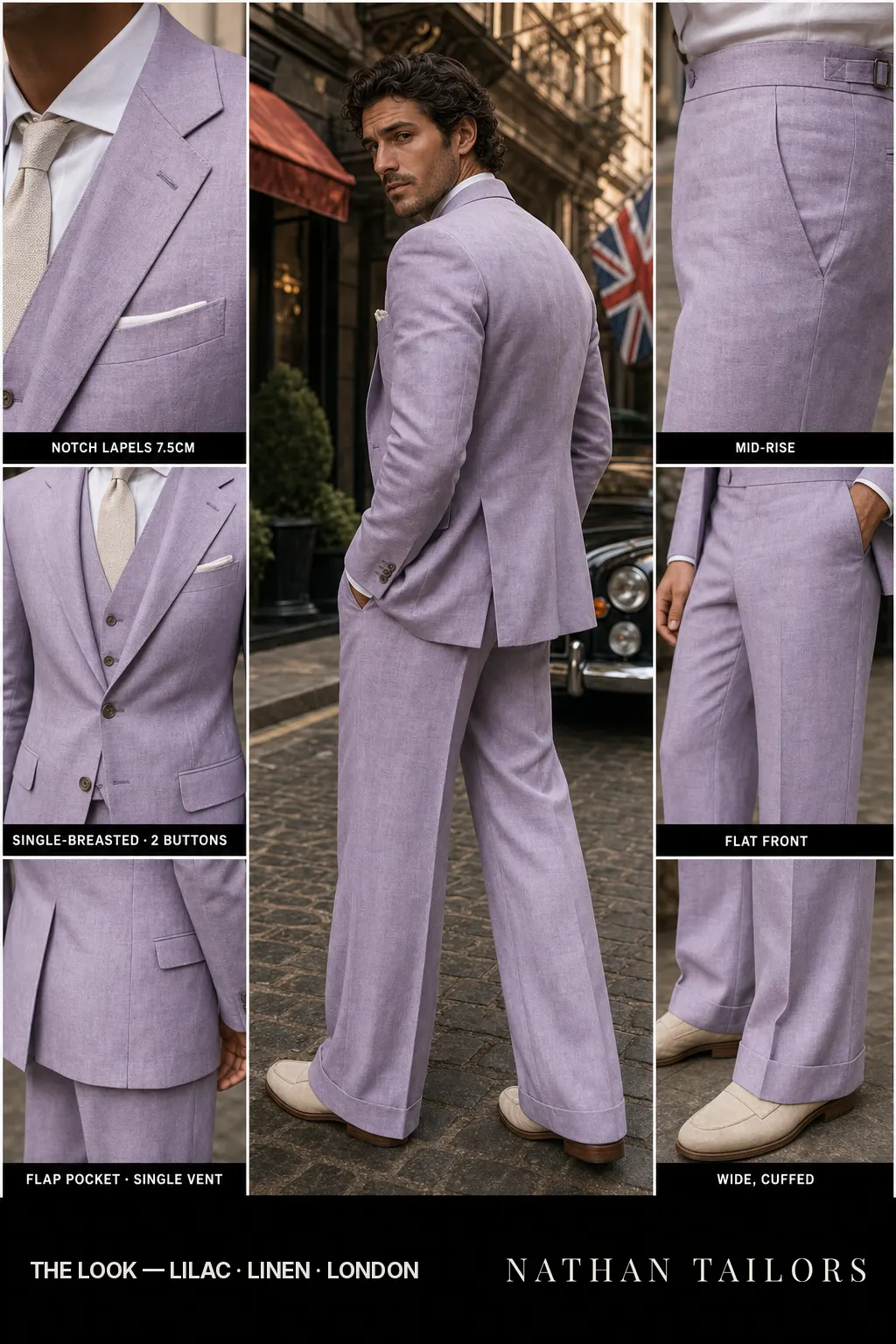 lilac single-breasted notch-lapel bespoke suit — AI-rendered by Nathan Tailors, the Hoi An custom tailor. Available as a custom tailored suit from $149.