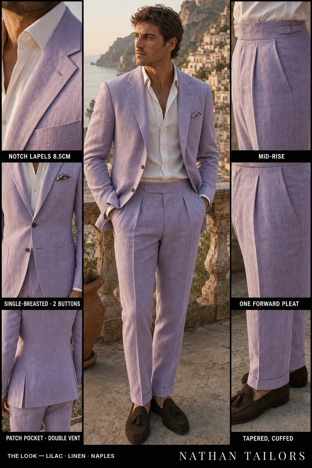 lilac single-breasted notch-lapel bespoke suit โ AI-rendered by Nathan Tailors, the Hoi An custom tailor. Available as a custom tailored suit from $149.