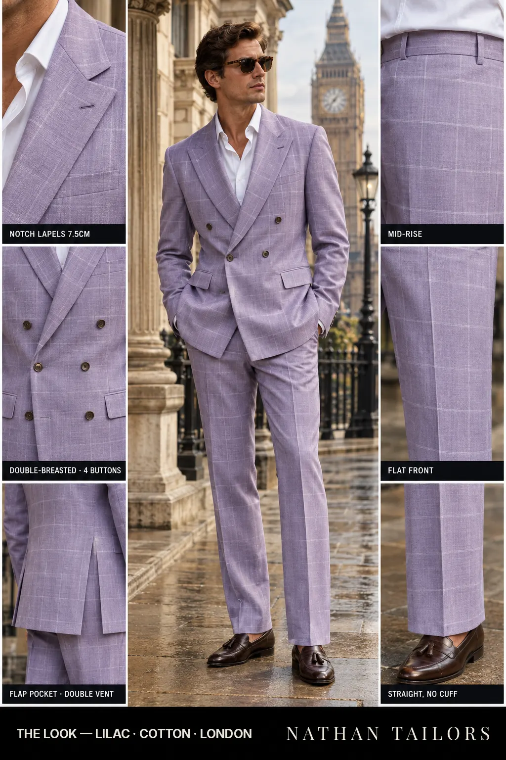 lilac windowpane double-breasted bespoke suit — custom tailored by Nathan Tailors, the Hoi An custom tailor