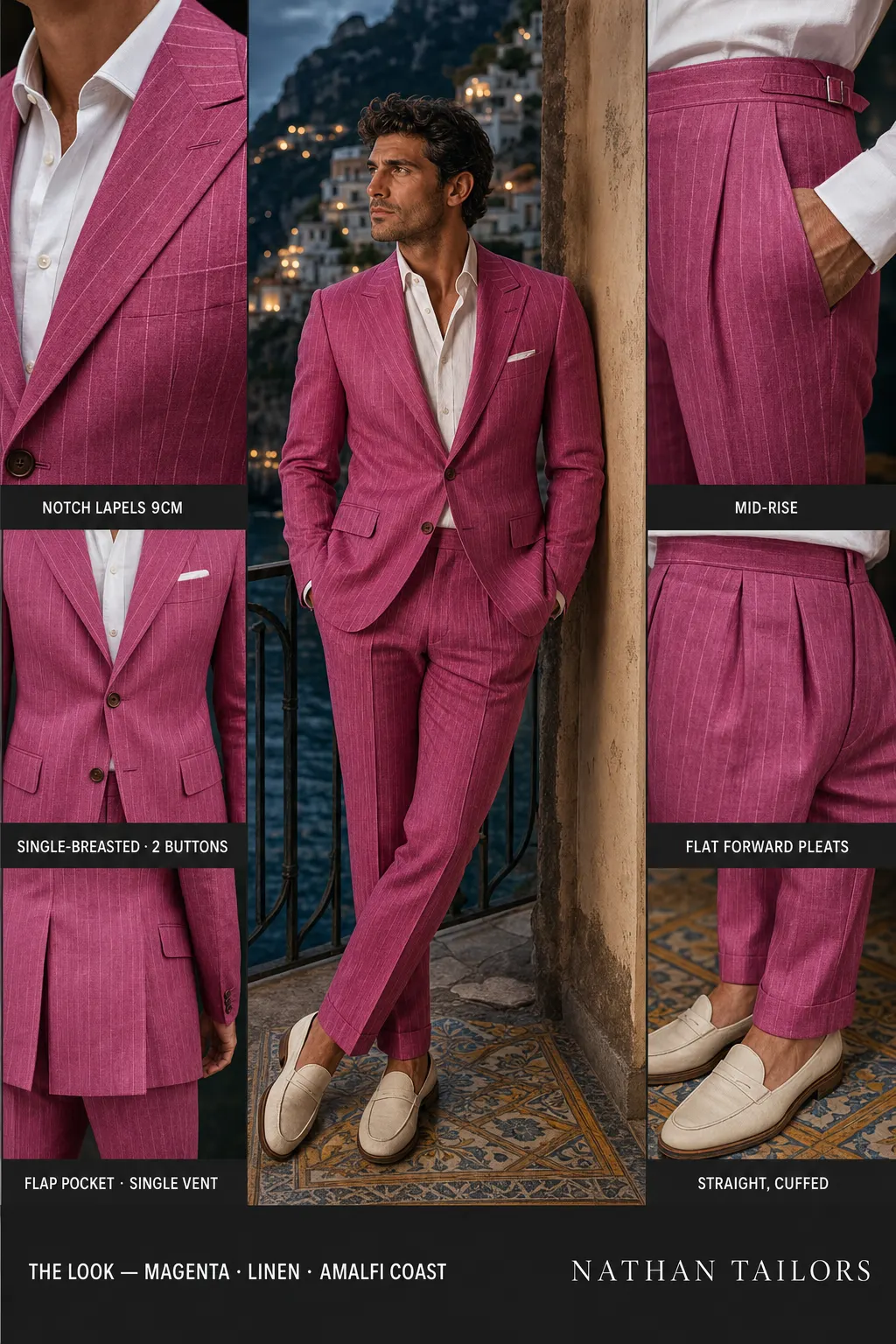 magenta pinstripe single-breasted notch-lapel bespoke suit — AI-rendered by Nathan Tailors, the Hoi An custom tailor. Available as a custom tailored suit from $149.