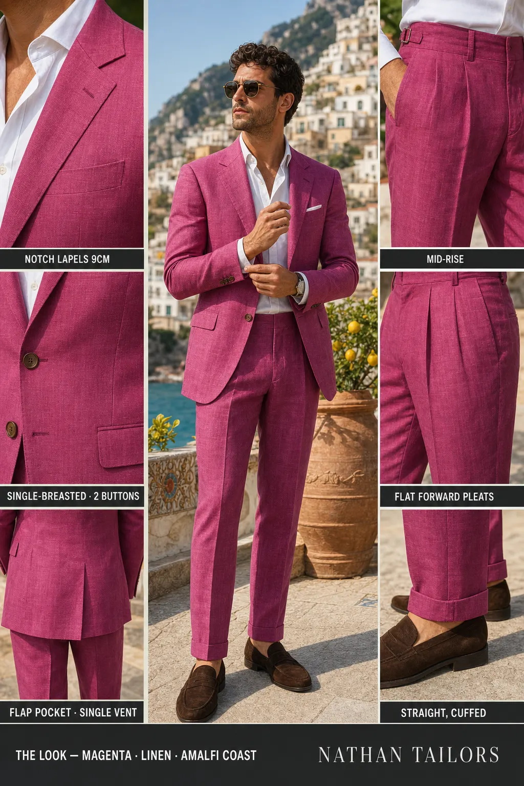 magenta single-breasted notch-lapel bespoke suit โ AI-rendered by Nathan Tailors, the Hoi An custom tailor. Available as a custom tailored suit from $149.
