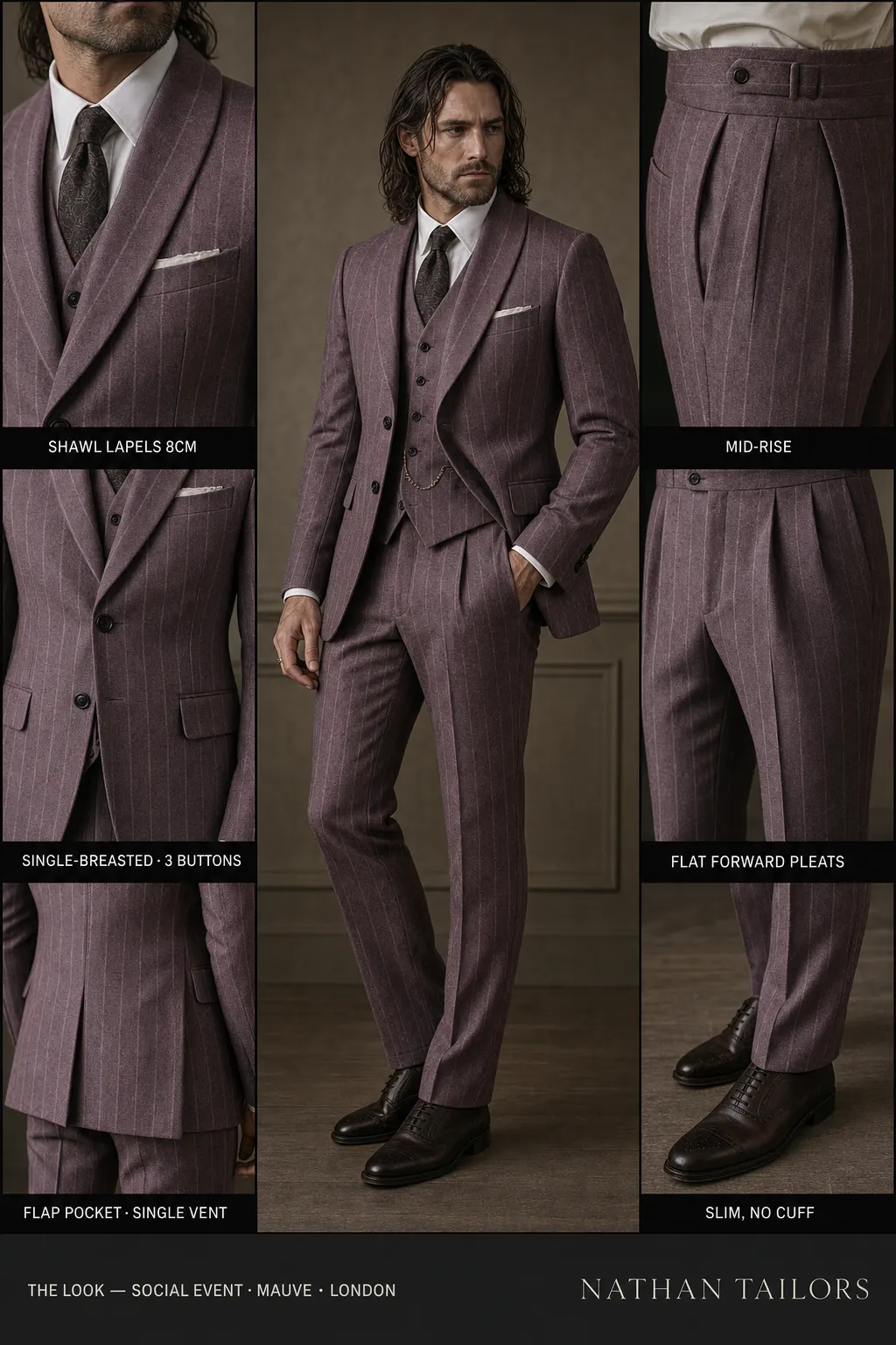 mauve chalk stripe single-breasted shawl-lapel bespoke suit — AI-rendered by Nathan Tailors, the Hoi An custom tailor. Available as a custom tailored suit from $149.
