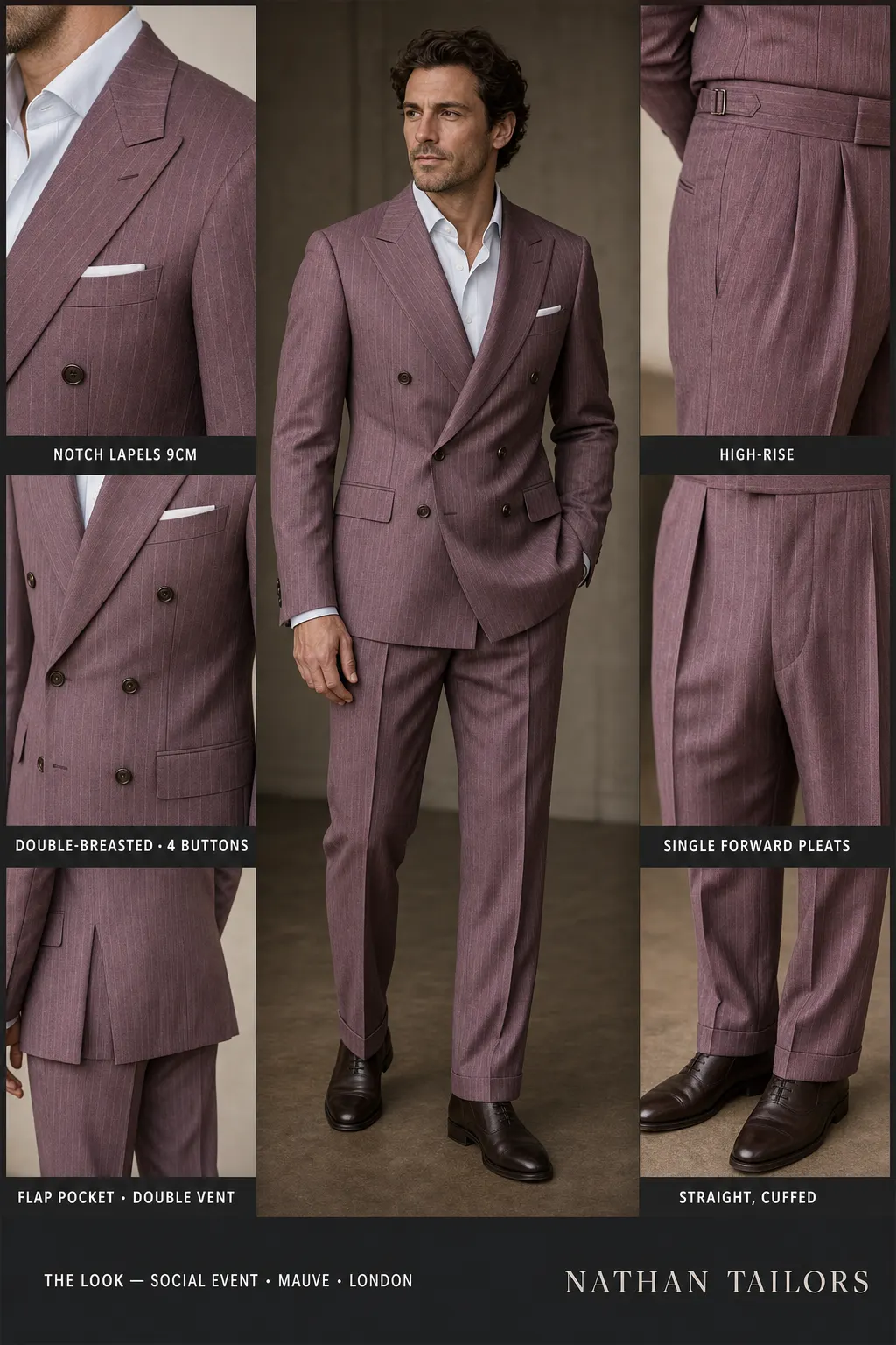 mauve pinstripe double-breasted notch-lapel bespoke suit — AI-rendered by Nathan Tailors, the Hoi An custom tailor. Available as a custom tailored suit from $149.