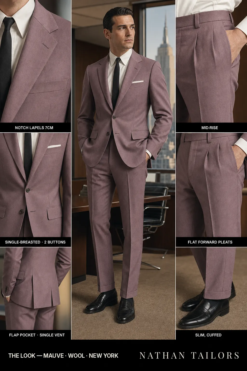 mauve single-breasted notch-lapel bespoke suit — AI-rendered by Nathan Tailors, the Hoi An custom tailor. Available as a custom tailored suit from $149.