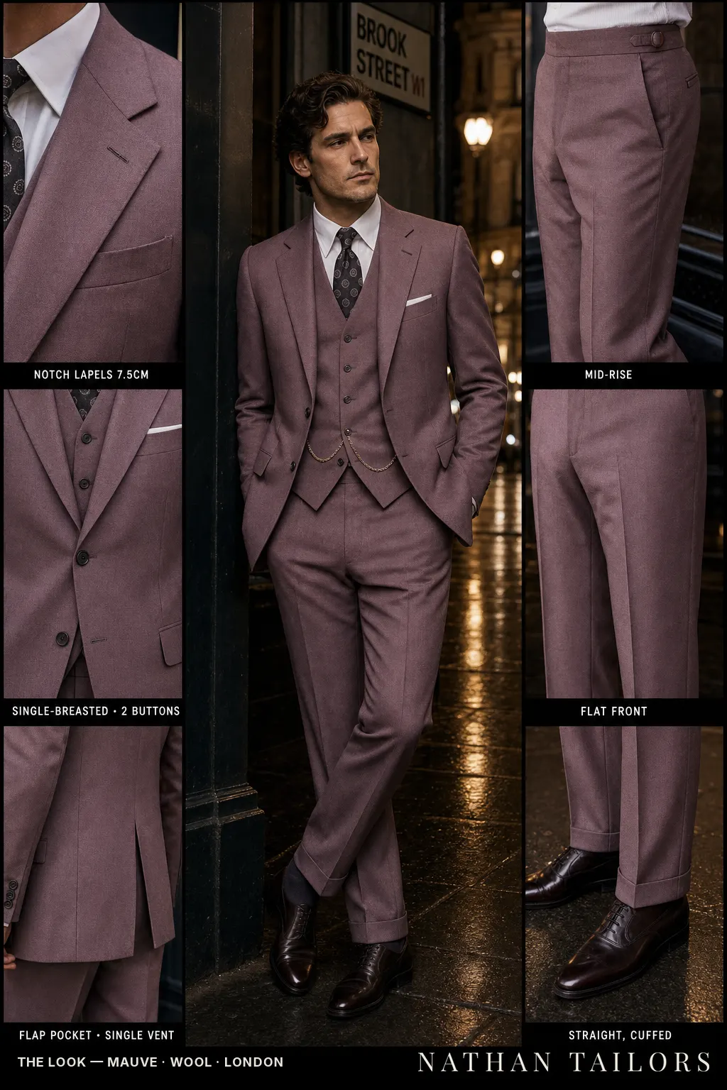 mauve single-breasted notch-lapel bespoke suit — AI-rendered by Nathan Tailors, the Hoi An custom tailor. Available as a custom tailored suit from $149.