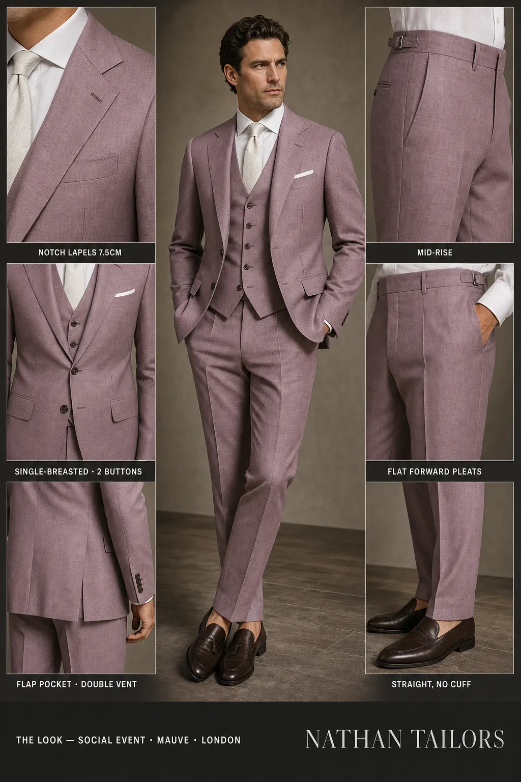 mauve single-breasted notch-lapel bespoke suit โ AI-rendered by Nathan Tailors, the Hoi An custom tailor. Available as a custom tailored suit from $149.