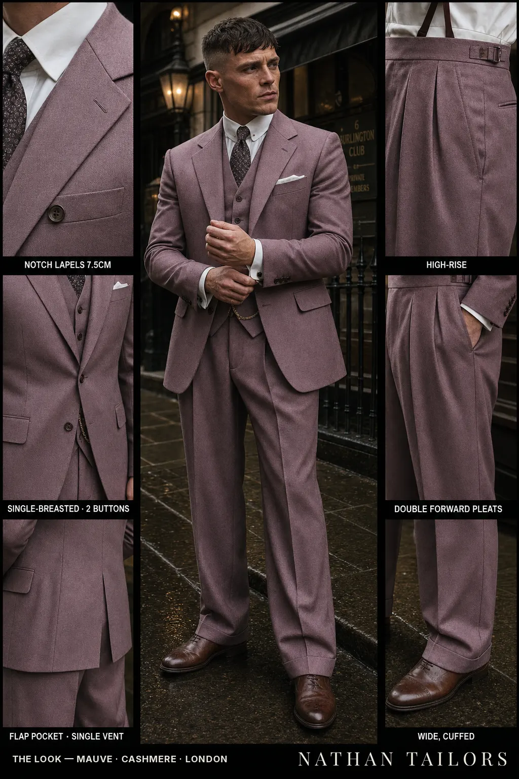 mauve single-breasted notch-lapel bespoke suit — AI-rendered by Nathan Tailors, the Hoi An custom tailor. Available as a custom tailored suit from $149.