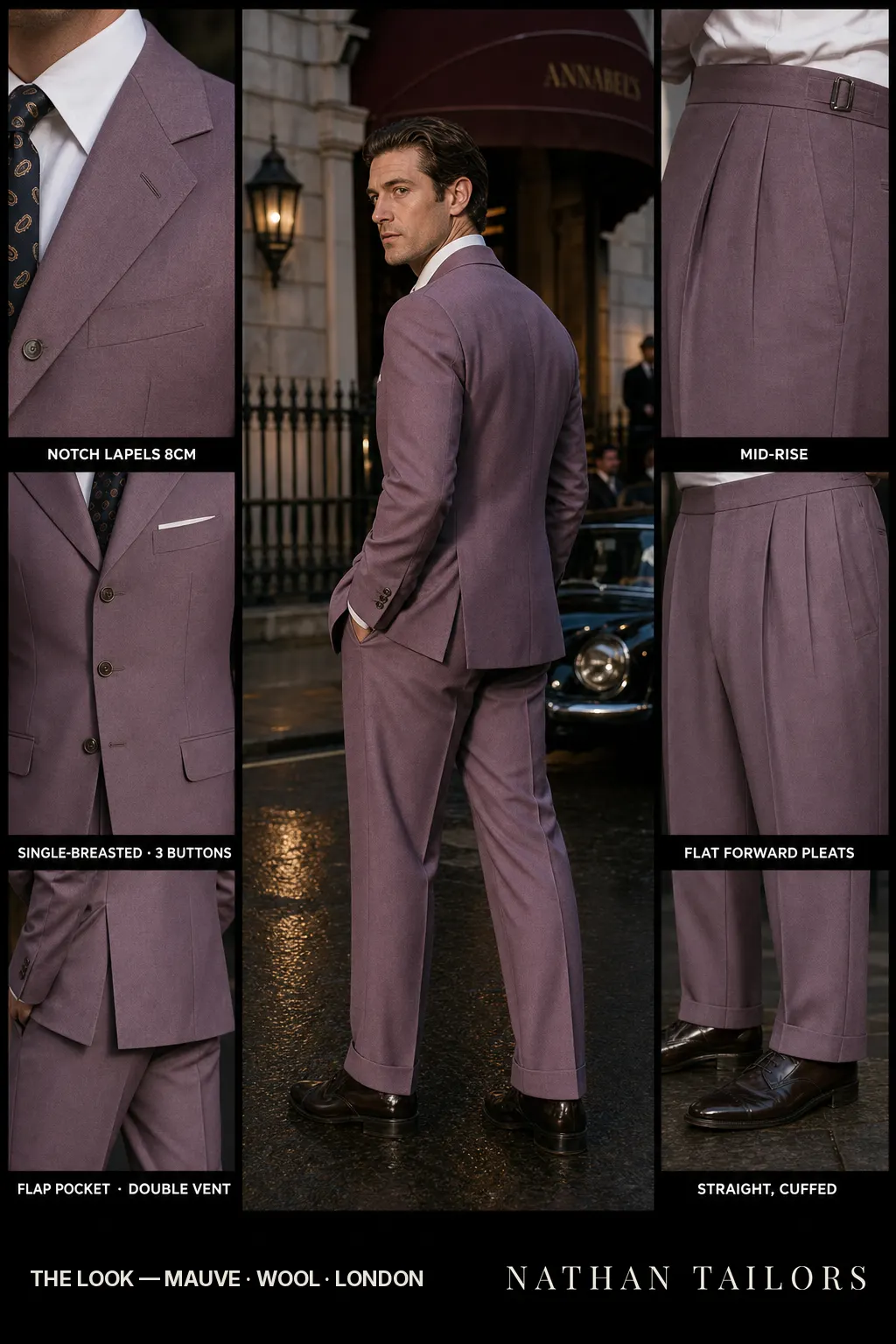 mauve single-breasted notch-lapel bespoke suit โ AI-rendered by Nathan Tailors, the Hoi An custom tailor. Available as a custom tailored suit from $149.