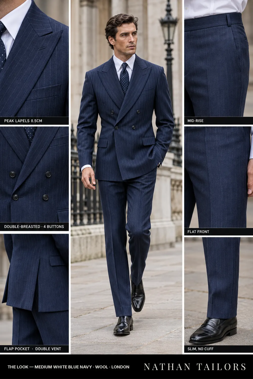 medium white blue navy pinstripe double-breasted bespoke suit — custom tailored by Nathan Tailors, the Hoi An custom tailor
