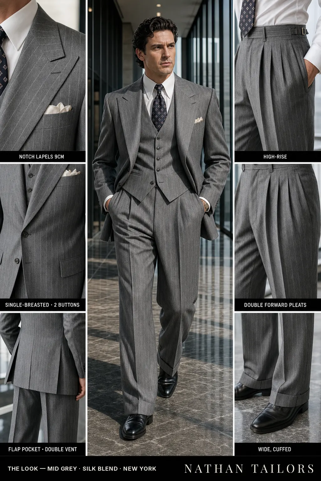 mid grey chalk stripe single-breasted notch-lapel bespoke suit — AI-rendered by Nathan Tailors, the Hoi An custom tailor. Available as a custom tailored suit from $149.