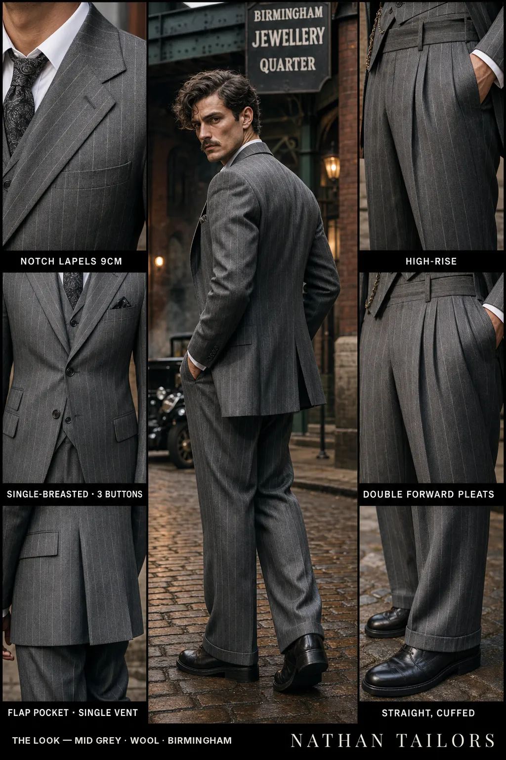 mid grey chalk stripe single-breasted notch-lapel bespoke suit โ AI-rendered by Nathan Tailors, the Hoi An custom tailor. Available as a custom tailored suit from $149.