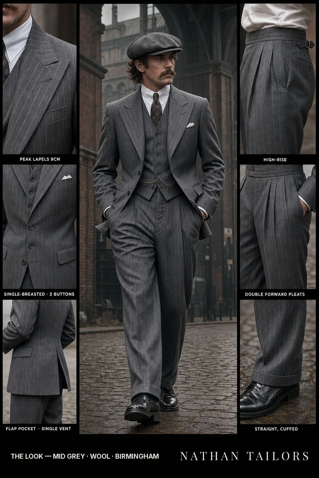 mid grey chalk stripe single-breasted peak-lapel bespoke suit โ AI-rendered by Nathan Tailors, the Hoi An custom tailor. Available as a custom tailored suit from $149.