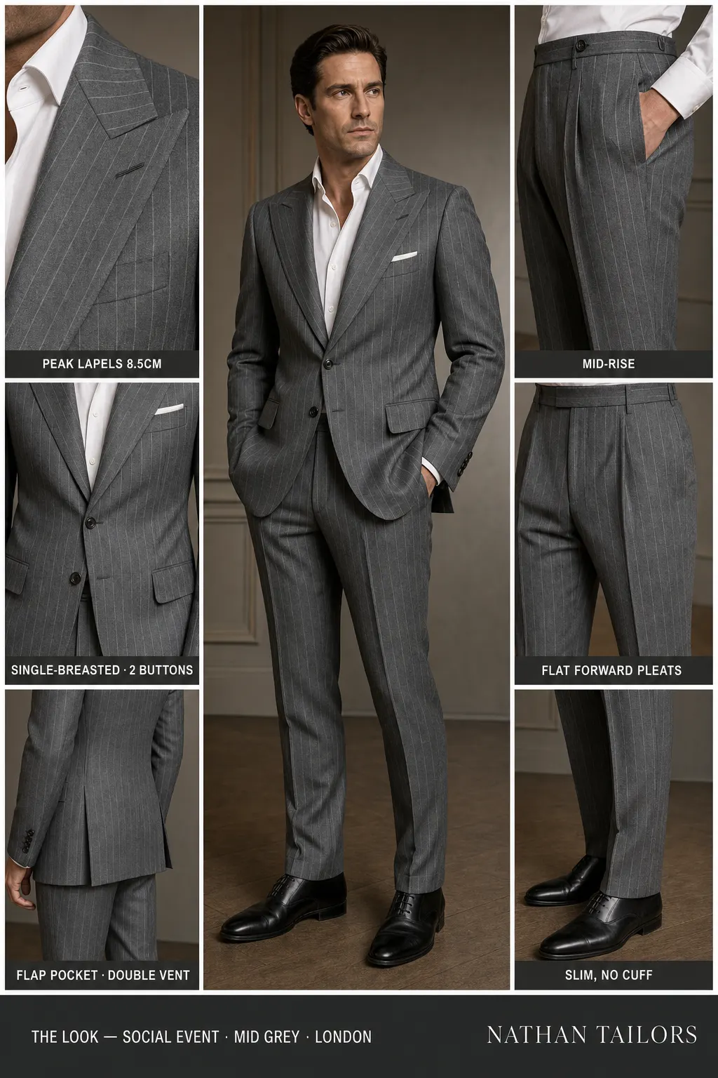 mid grey chalk stripe single-breasted peak-lapel bespoke suit — AI-rendered by Nathan Tailors, the Hoi An custom tailor. Available as a custom tailored suit from $149.