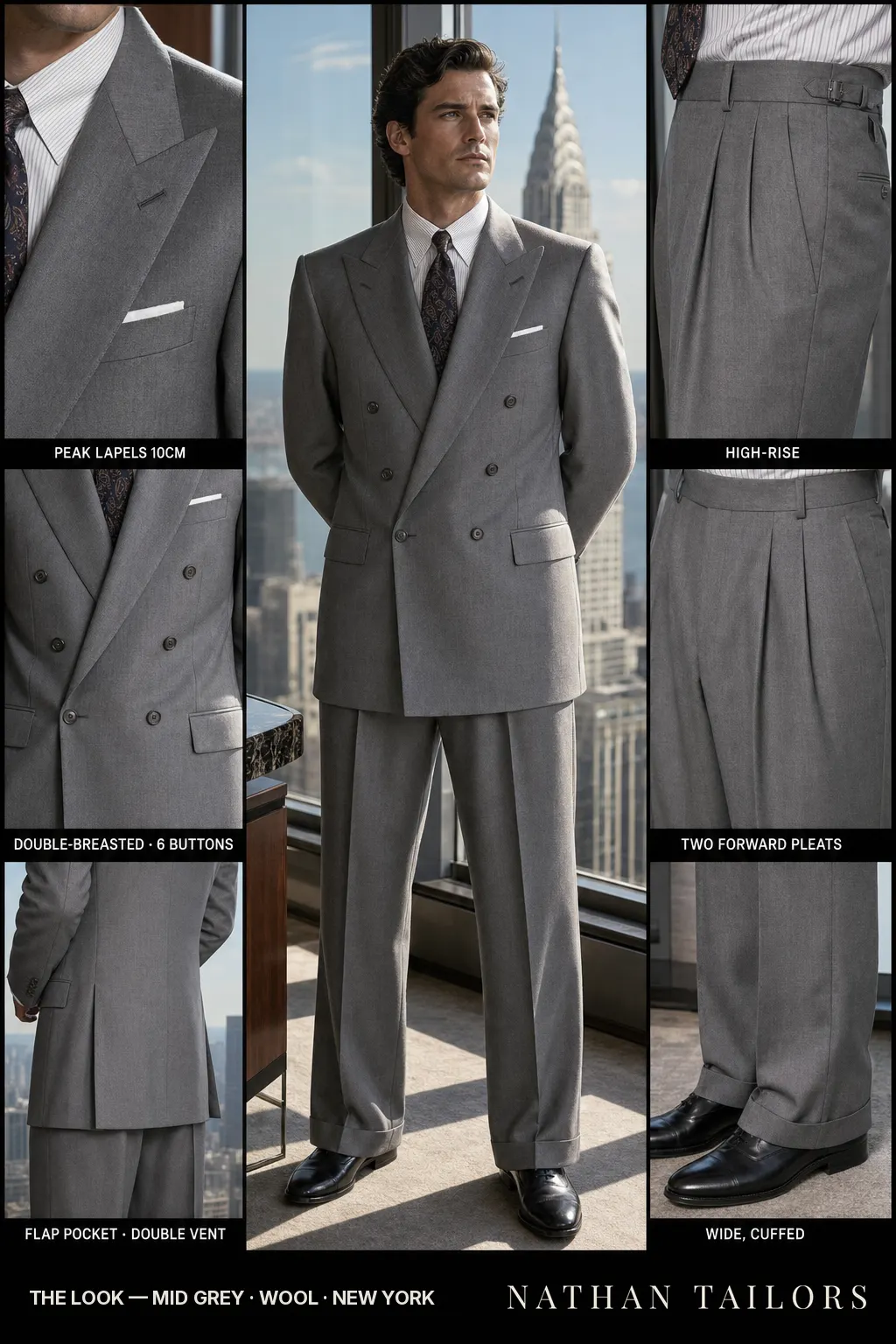 mid grey double-breasted peak-lapel bespoke suit — AI-rendered by Nathan Tailors, the Hoi An custom tailor. Available as a custom tailored suit from $149.