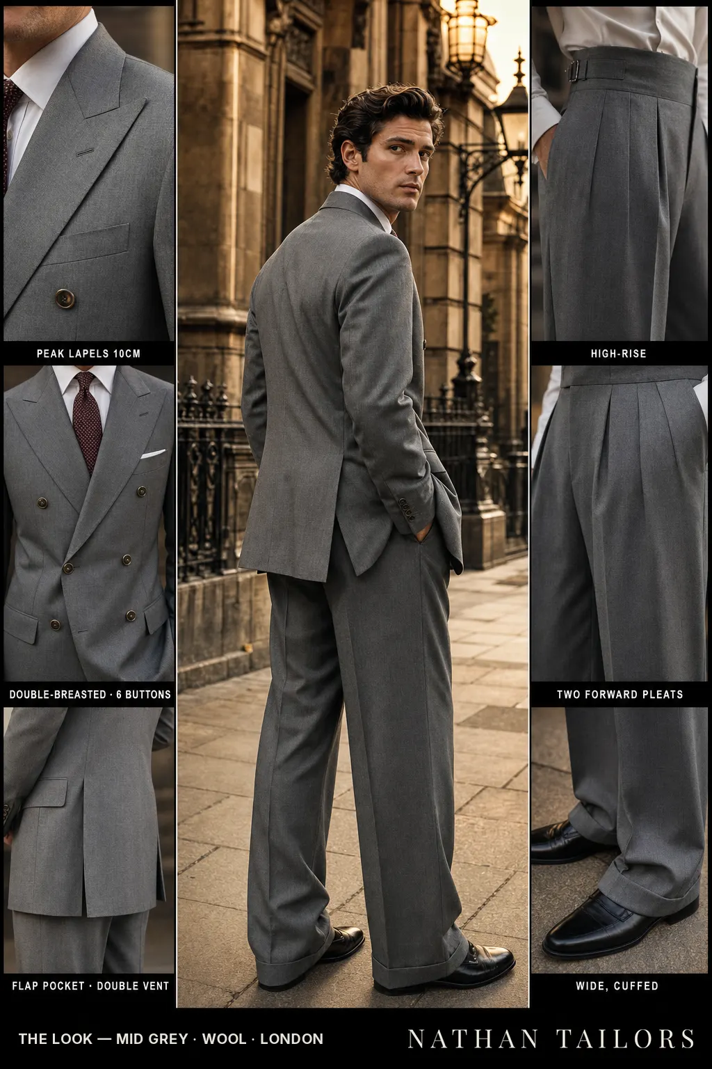 mid grey double-breasted bespoke suit — custom tailored by Nathan Tailors, the Hoi An custom tailor