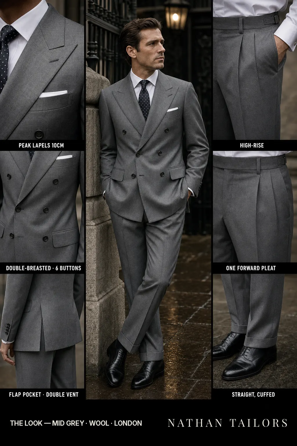 mid grey double-breasted peak-lapel bespoke suit โ AI-rendered by Nathan Tailors, the Hoi An custom tailor. Available as a custom tailored suit from $149.