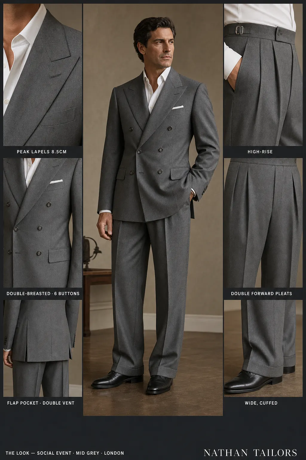 mid grey double-breasted peak-lapel bespoke suit — AI-rendered by Nathan Tailors, the Hoi An custom tailor. Available as a custom tailored suit from $149.