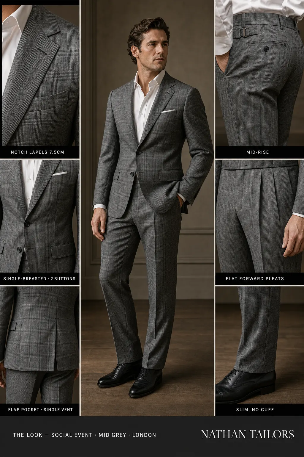 mid grey glen plaid single-breasted notch-lapel bespoke suit โ AI-rendered by Nathan Tailors, the Hoi An custom tailor. Available as a custom tailored suit from $149.
