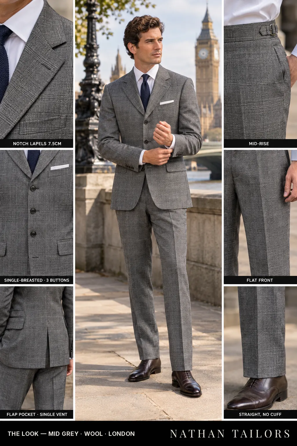 mid grey glen plaid single-breasted notch-lapel bespoke suit โ AI-rendered by Nathan Tailors, the Hoi An custom tailor. Available as a custom tailored suit from $149.
